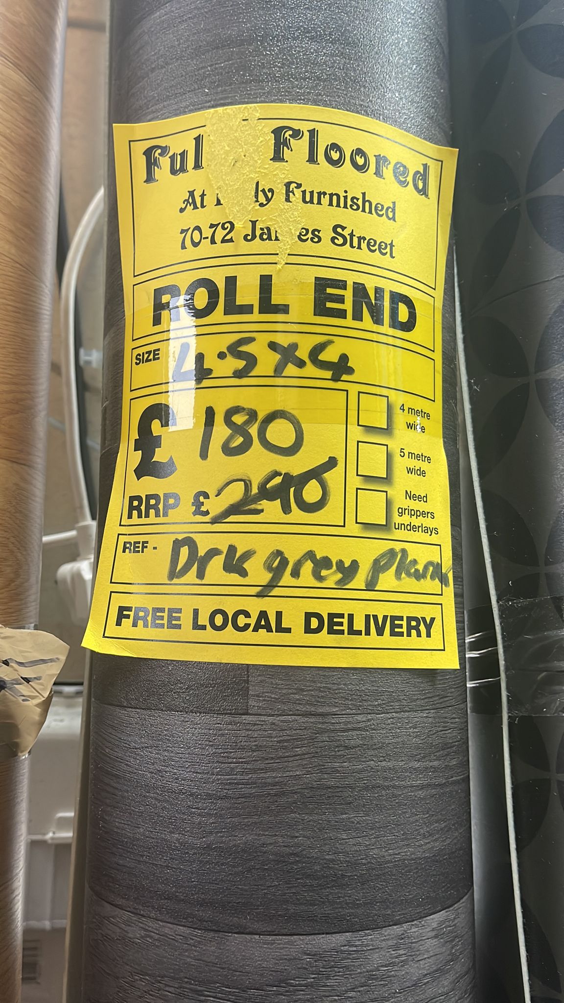 Dark Grey Vinyl Roll End 4.5mx4m Fully Floored